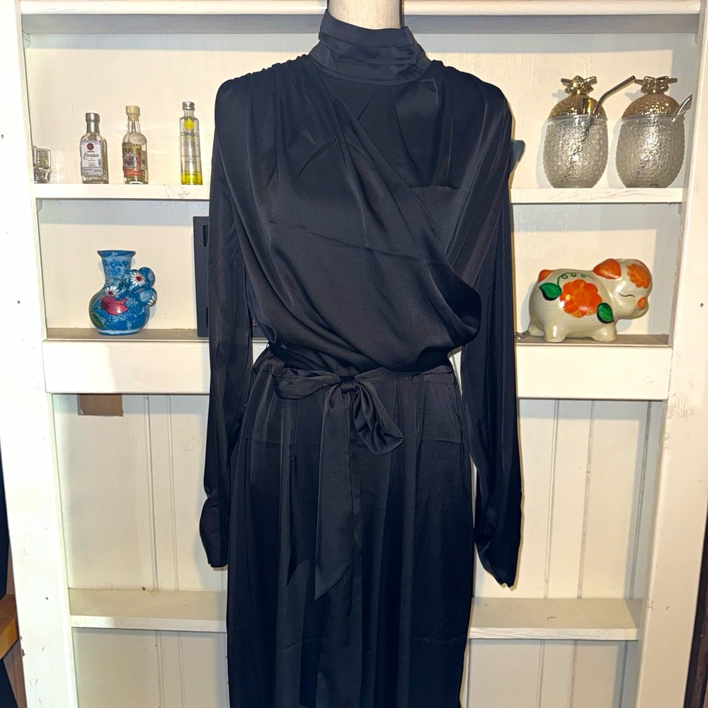 Alexia Admor Black Satin Wrap Maxi Dress High Neck Tie Waist Long Sleeve 14 NEW